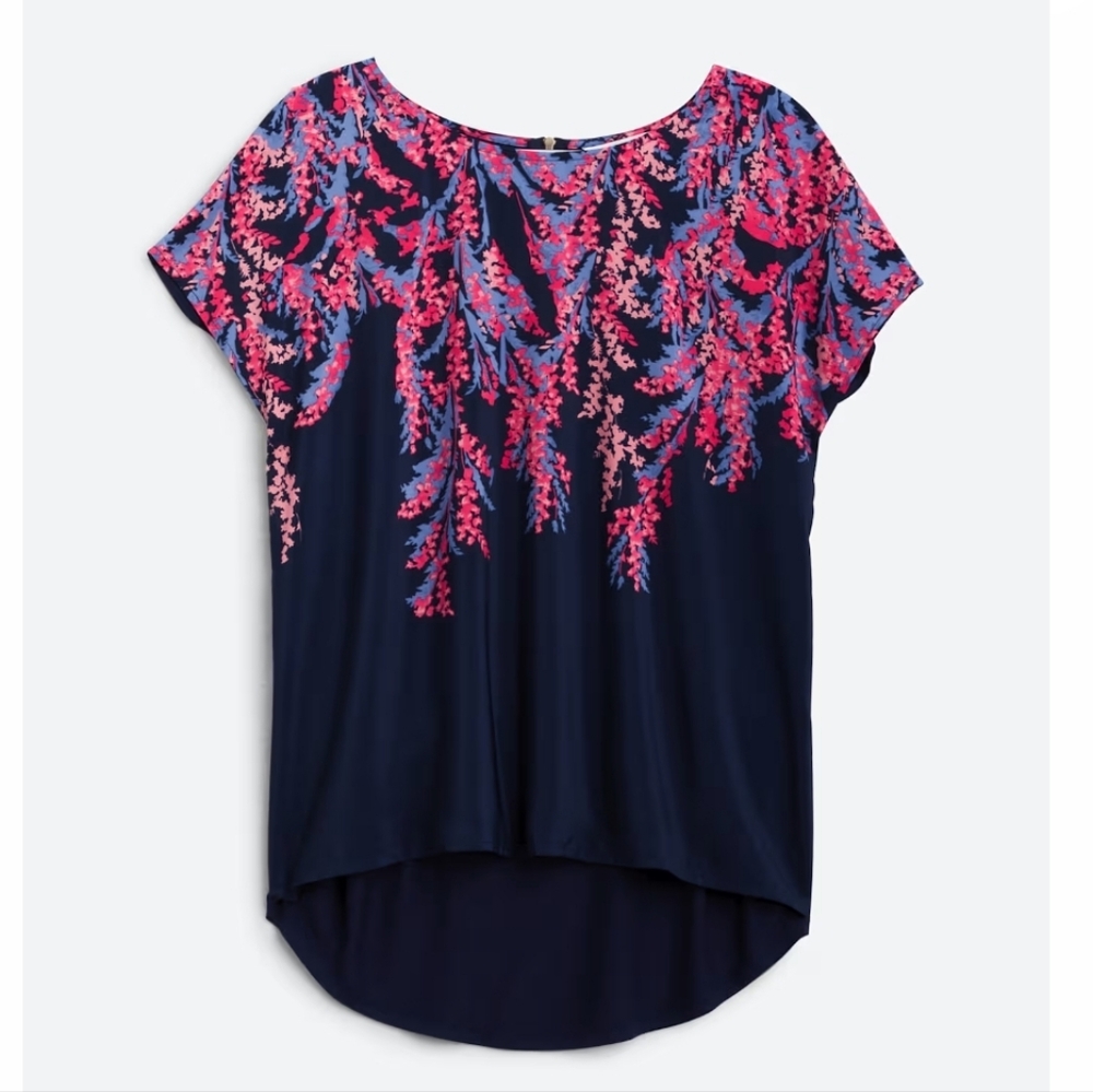 Market & Spruce Navy and Pink Floral Blouse Zayit Zip Back Top